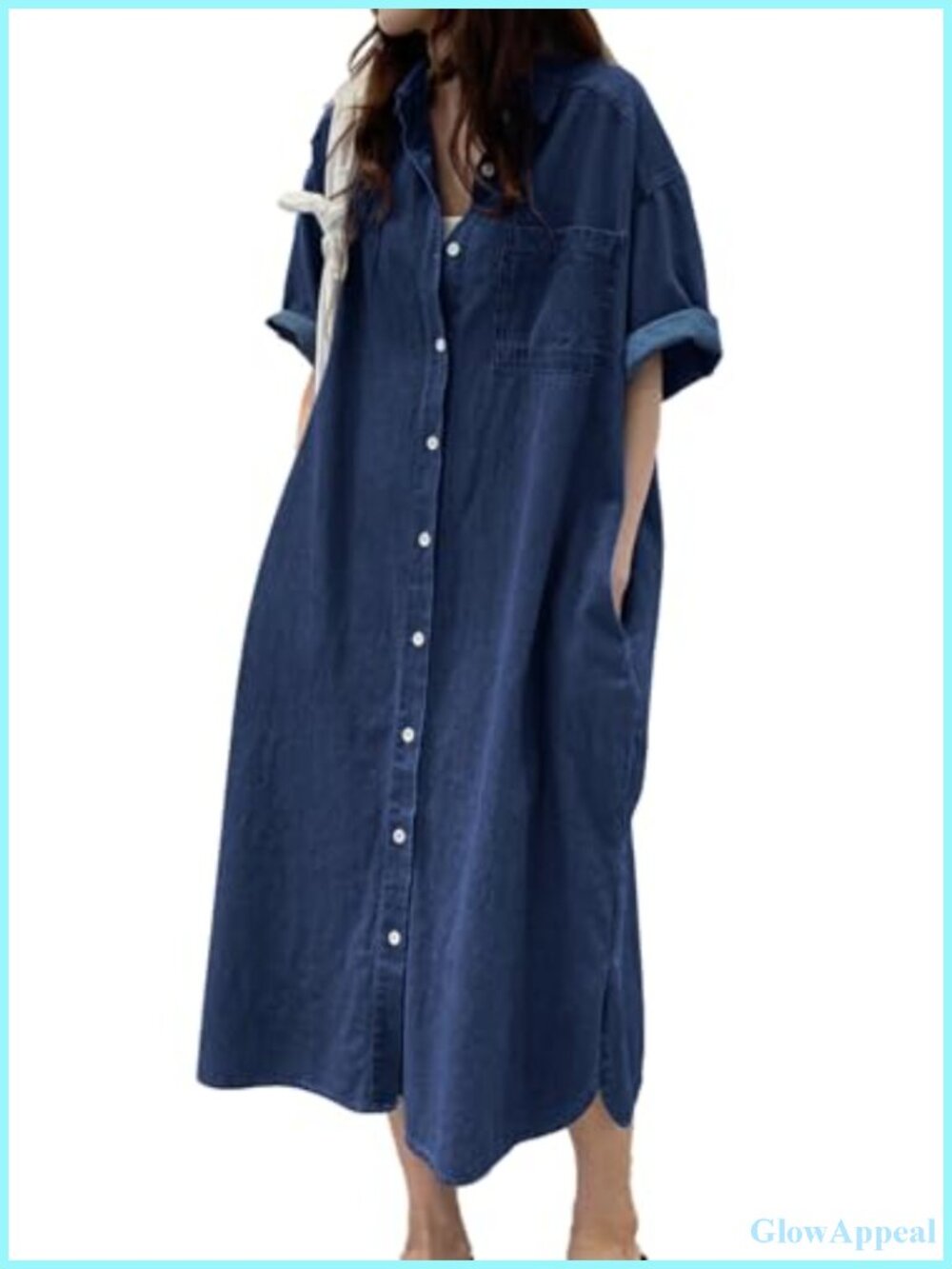 Women's Casual Long Denim Shirt Dress Midi Short Sleeve Button Down Jean Dress